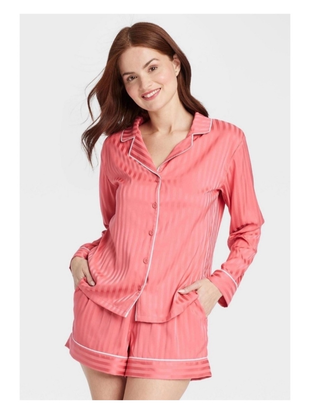 Auden Luxury Collection Notch Collar Top & Shorts Pajama Set (Coral - Size 1X)